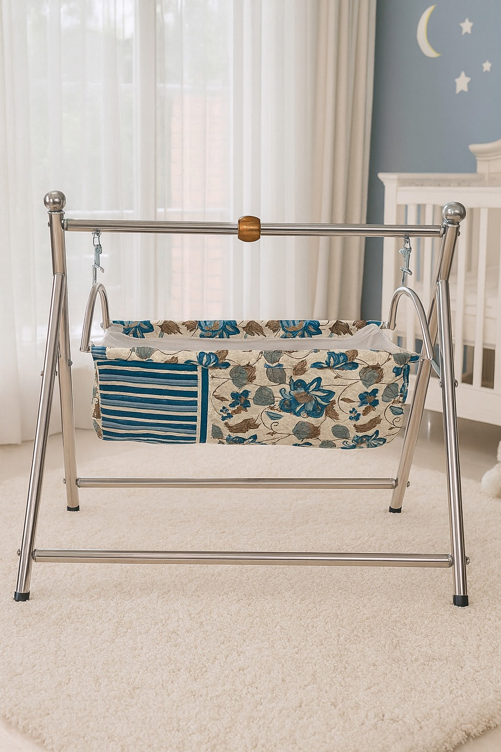 Stainless Steel Baby Jhulangi With Mosquito Net & Foamy Cloth